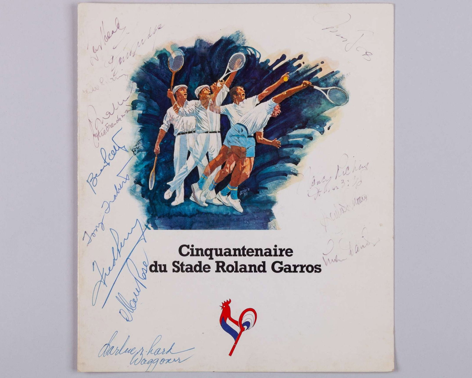 An autographed postal cover commemorating the 50th anniversary of Roland Garros 1928-1978: An autographed postal cover commemorating the 50th anniversary of Roland Garros 1928-1978, in presentation folder, bearing numerous signatures of champions throughout including Cochet, Perry, Budge, B