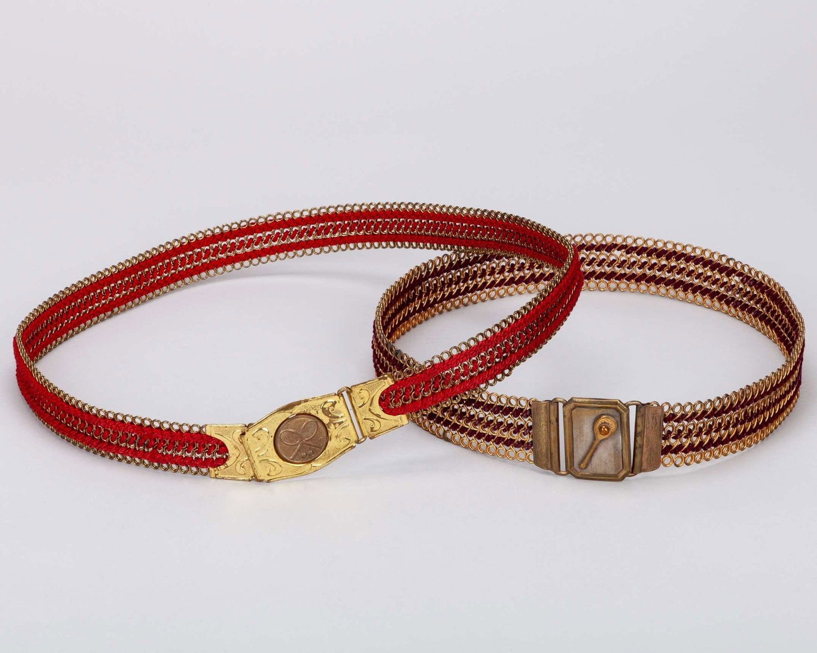Three unusual lawn tennis themed belts, comprising "Martin Patent” flexible-link brass belt (1 of 6)