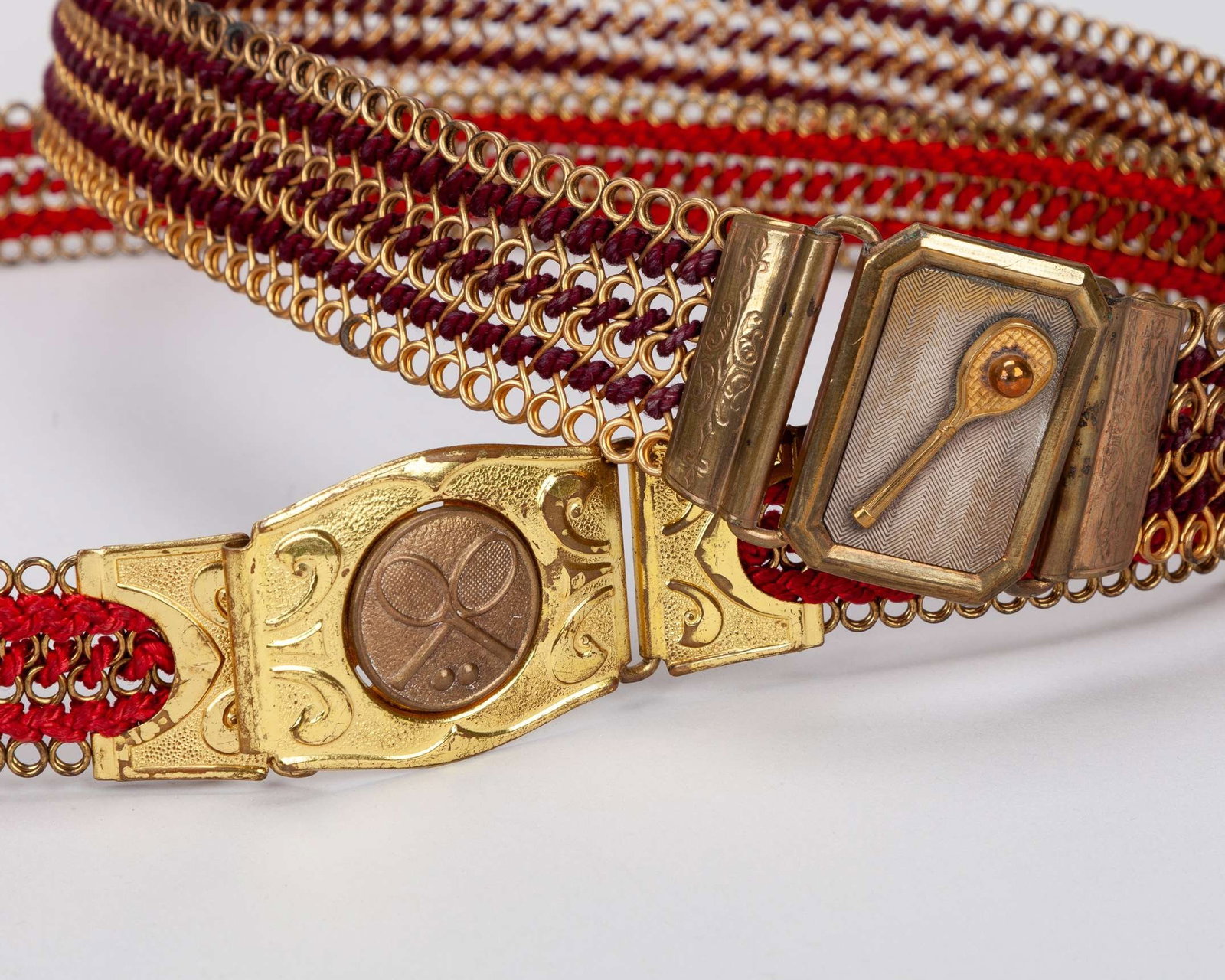 Three unusual lawn tennis themed belts, comprising "Martin Patent” flexible-link brass belt - 3