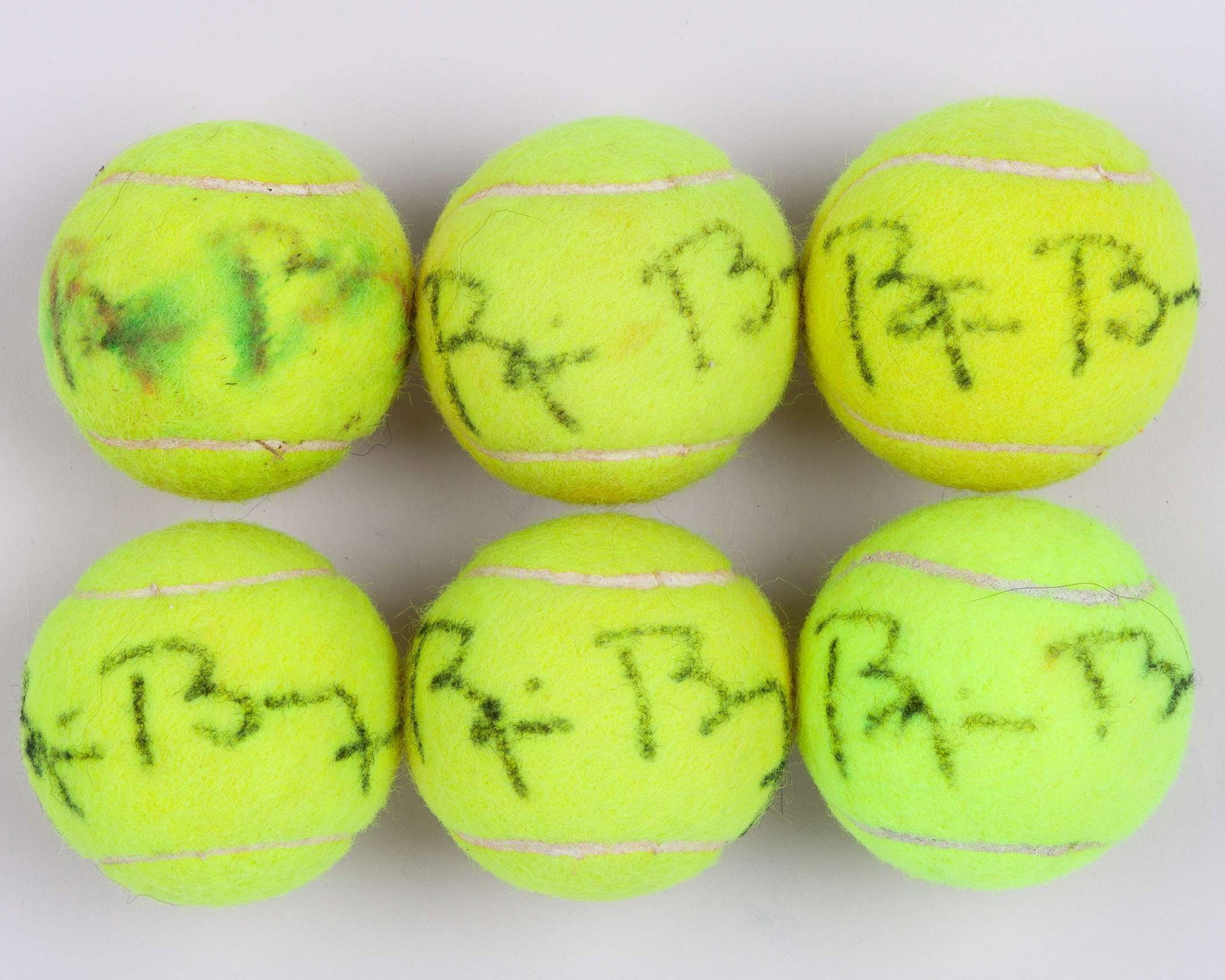Six various Bjorn Borg autographed tennis balls: Six various Bjorn Borg autographed tennis balls, in various condition, some staining and slight fading The signed tennis balls were gifted to the OSPA Cabo Verde Cats and Dogs Rescue Centre by B