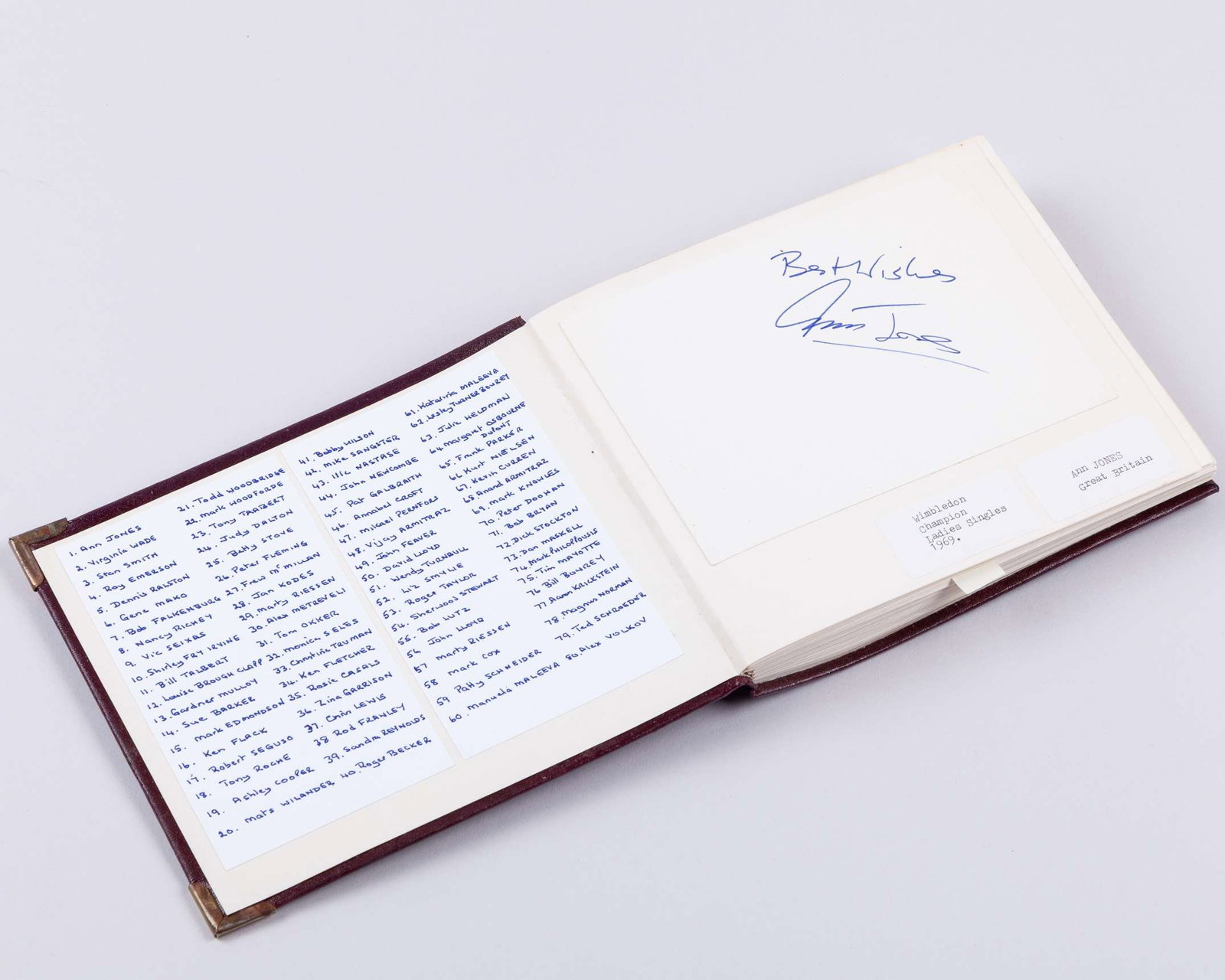A tennis autograph album, 80 pages of notable champions: A tennis autograph album, 80 pages of notable champions indexed on the first page, collected on index cards and laid down, or in some cases cut & pasted from other autograph albums or sources, organis