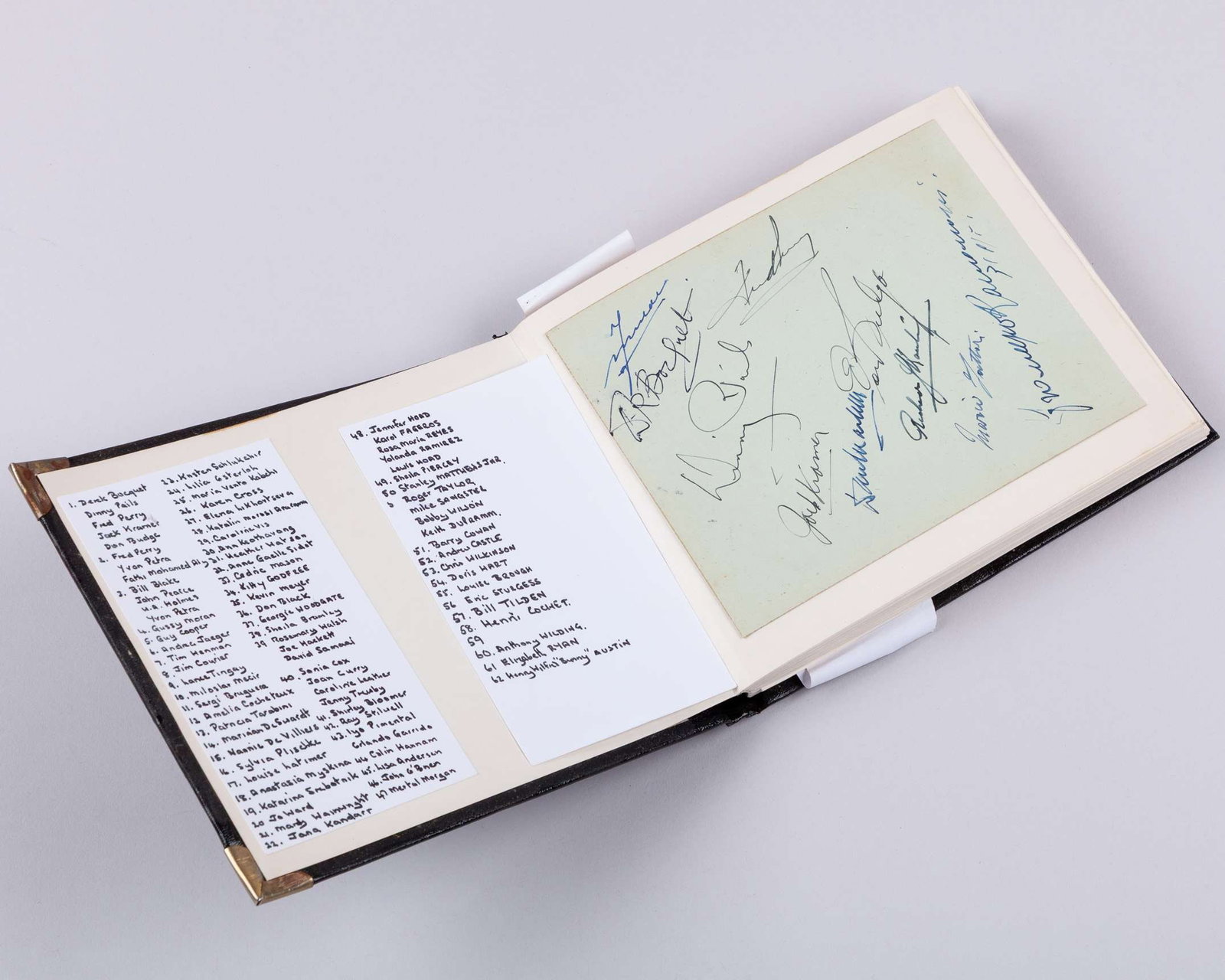 A tennis autograph album, including Bill Tilden, Henri Cochet, Tony Wilding: A tennis autograph album, including Bill Tilden, Henri Cochet, Tony Wilding, a page with the signatures of Perry, Budge, Pails, Kramer, Budge, Bocquet, and others, 62 pages of notable champions indexe