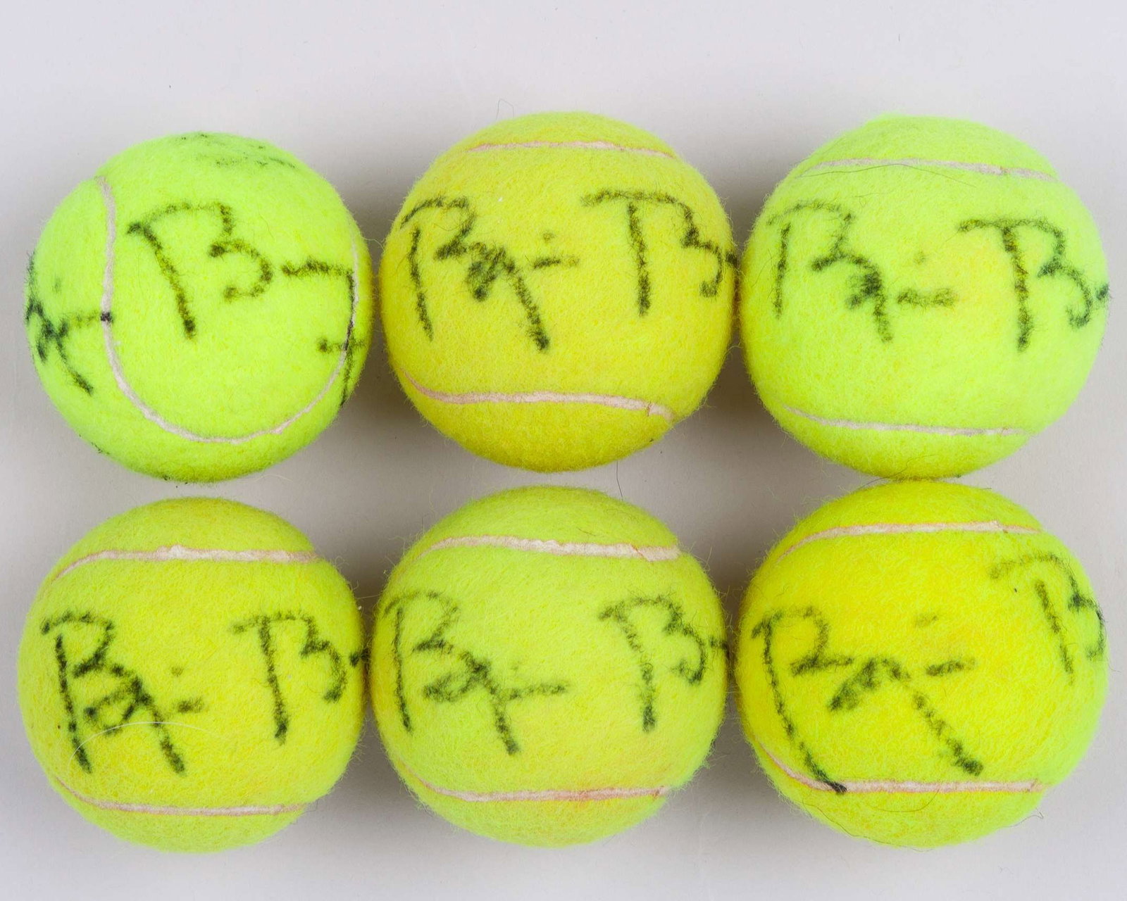Six various Bjorn Borg autographed tennis balls: Six various Bjorn Borg autographed tennis balls, in various condition, some staining and slight fading The signed tennis balls were gifted to the OSPA Cabo Verde Cats and Dogs Rescue Centre by B