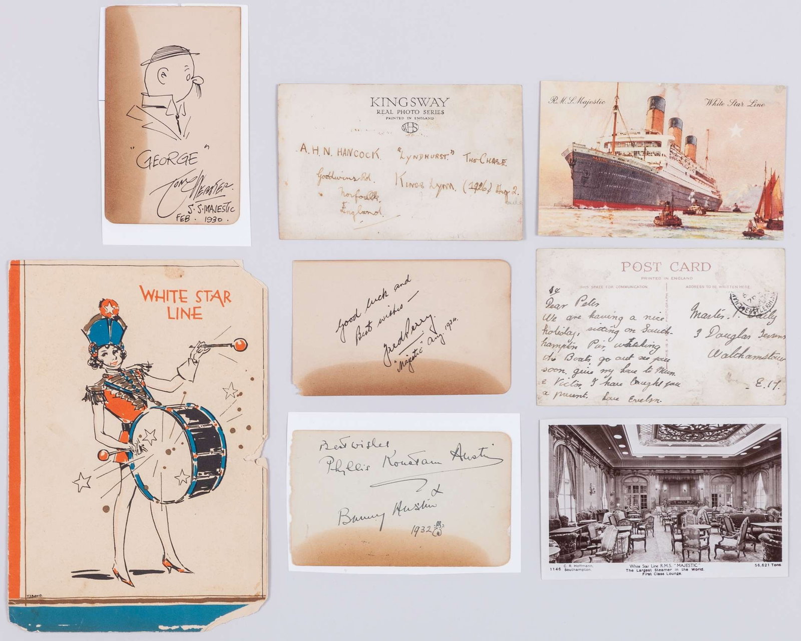 An autograph page signed by Bunny Austin, 1932: An autograph page signed by Bunny Austin, 1932, another signed by Fred Perry, an ink drawing “George” by Tom Webster, February 1930, four postcards White Star Line R.M.S. Majestic and Augu