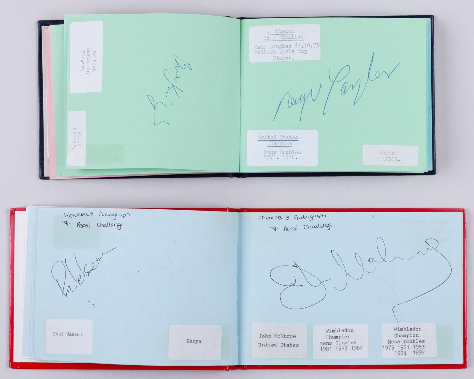 A tennis autograph album, 53 pages: A tennis autograph album, 53 pages, mostly signed on right hand pages (only a few back-to-backs), most signatures accompanied by typescript identification and details of their career highlights, subje