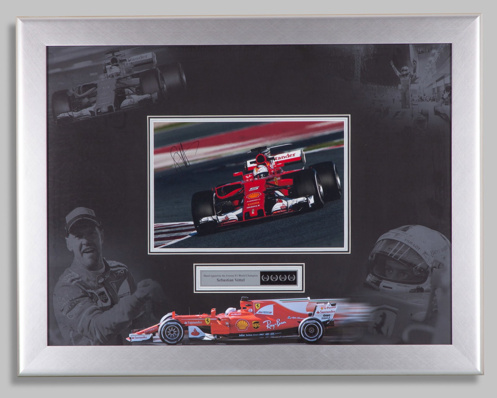 Sebastian Vettel Signed Ferrari Framed Photo: Sebastian Vettel Signed Ferrari Framed Photo.The Ferrari photo is hand signed by the 4-time F1 World Champion. Professionally mounted and framed with a plaque description.The frame measures 91cm lengt