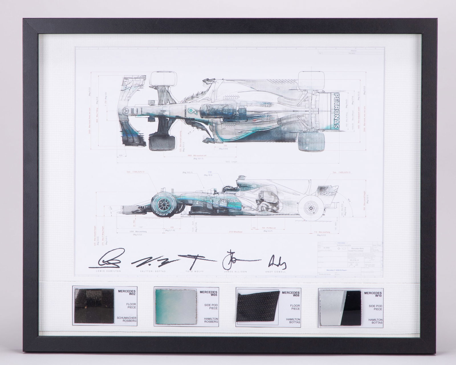 Mercedes Signed W08 Technical Drawing with Original Car Parts: Mercedes Signed W08 Technical Drawing with Original Car Parts.The W08 technical drawing is signed by Lewis Hamilton, Valtteri Bottas, Toto Wolf, James Allision, and Andy Cowell. Framed alongside origi