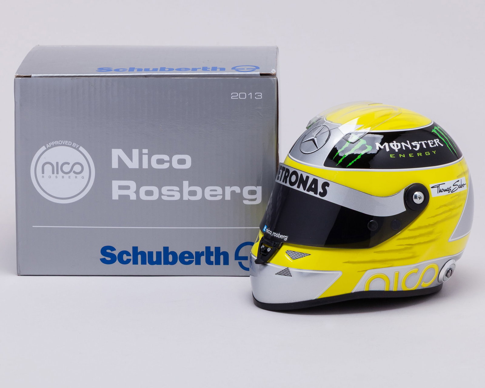 Nico Rosberg 2013 Mercedes AMG Petronas F1 Team 1:2 Scale Schuberth Helmet: Nico Rosberg 2013 Mercedes AMG Petronas F1 Team 1:2 Scale Schuberth Helmet.This 2013 Mercedes AMG Petronas F1 Team 1:2 Scale Schuberth Helmet comes complete with its original Schuberth?box, and is acc