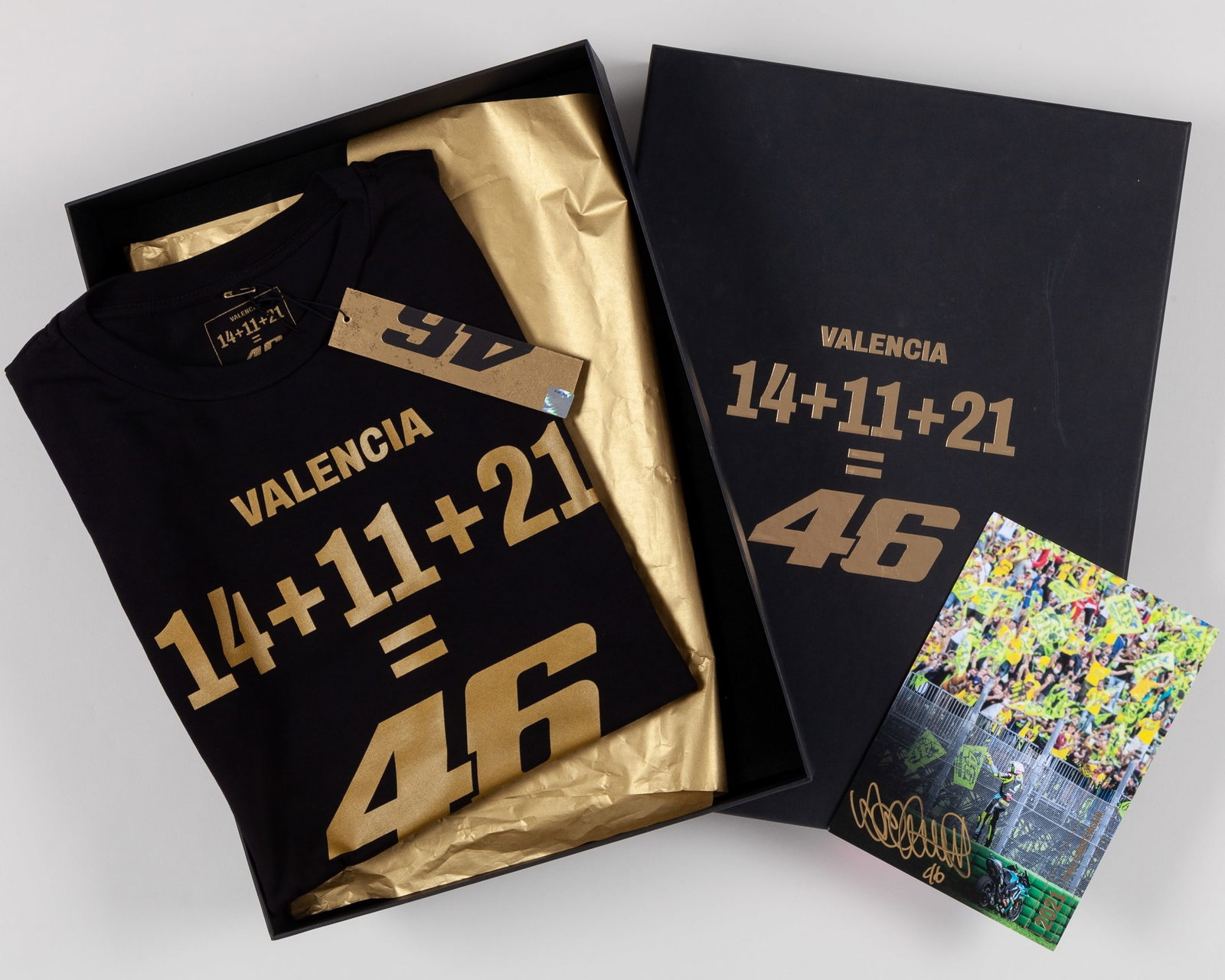 Valentino Rossi Signed Valencia Final Race T-Shirt (New) with Signed Rider Card: Valentino Rossi Signed Valencia Final Race T-Shirt (New) with Signed Rider Card.The Valencia final race t-shirt is brand new with tag and is size large. Accompanied with a signed rider card.Complete i