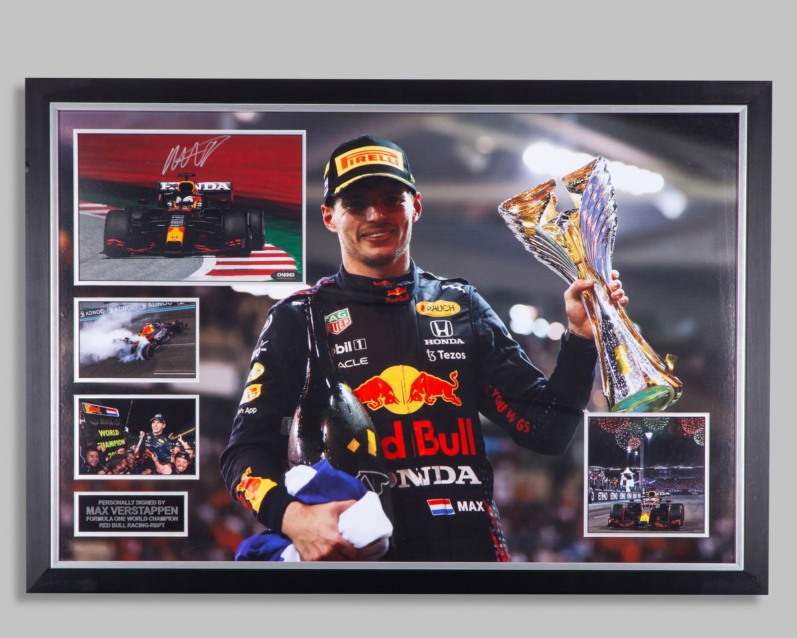 Max Verstappen Signed Red Bull Racing Framed Photo Display: Max Verstappen Signed Red Bull Racing Framed Photo Display.1 of the photo's is hand signed by the 4-time F1 World Champion, accompanied with 3 other photo's and plaque description.Complete with a cert