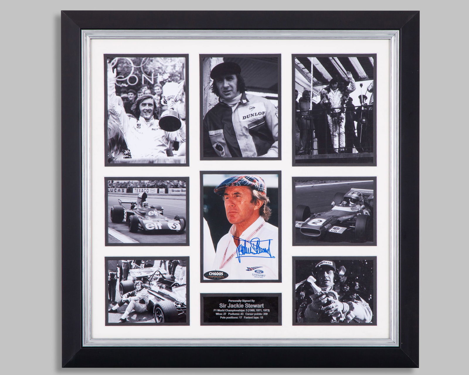 Jackie Stewart Signed Framed Photo Display: Jackie Stewart Signed Framed Photo Display.1 of the photo's has been personally signed by the 3-time F1 World Champion. Accompanied with 7 other photo's and plaque description.Complete with a certific
