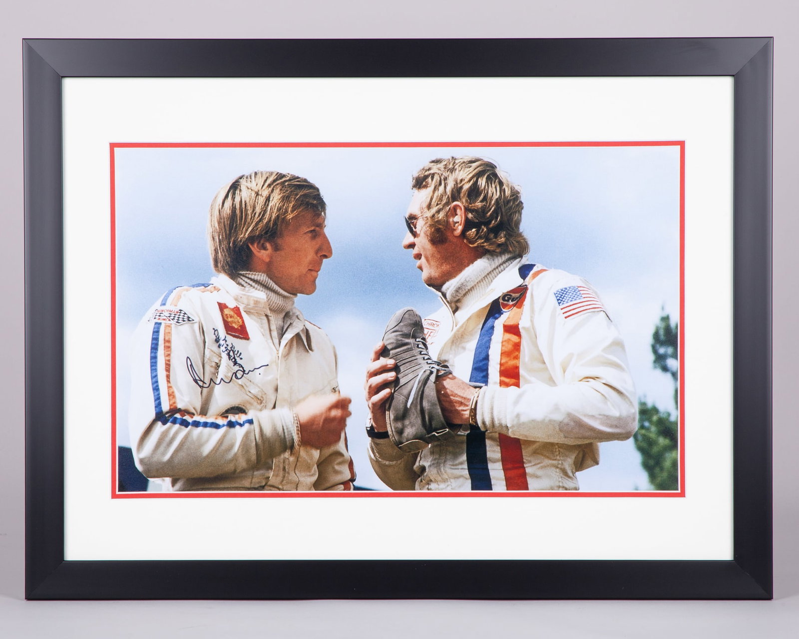Steve McQueen Framed Filming Photo Signed by Derek Bell: Steve McQueen Framed Filming Photo Signed by Derek Bell.The photograph has been personally signed by Derek Bell, the 5-time Le Mans winner and one of endurance racing's most celebrated drivers.The fra