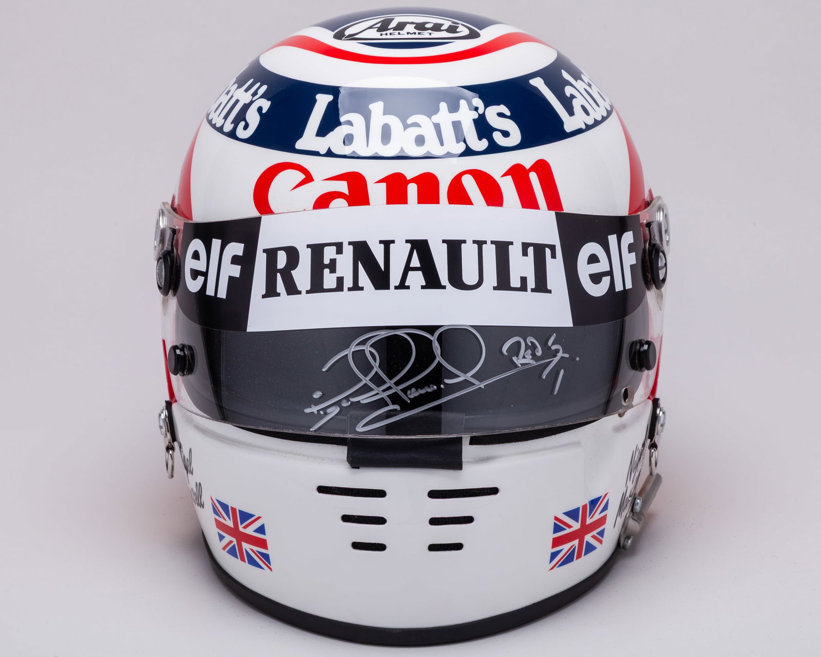 Nigel Mansell Signed 1991 Williams Renault Race Spec Promotional Used Helmet: Nigel Mansell Signed 1991 Williams Renault Race Spec Promotional Used Helmet.This helmet is a period shell, and was used for promotional activations at the 1991 French Grand Prix.Personally hand signe