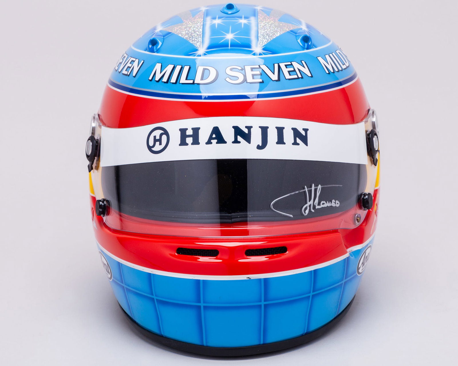 Fernando Alonso 2003 Signed Mild Seven Renault F1 Team Arai Replica Helmet: Fernando Alonso 2003 Signed Mild Seven Renault F1 Team Arai Replica Helmet.This is an Arai replica helmet, personally signed by 2-time F1 World Champion Fernando Alonso.Complete with a Arai helmet bag