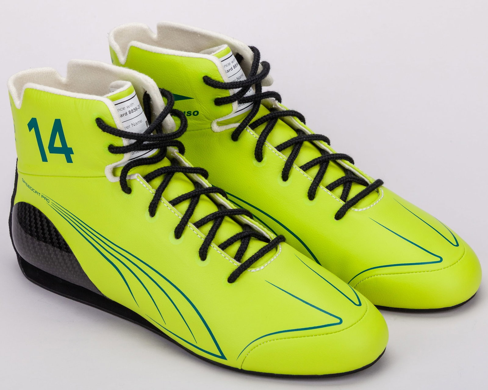 Fernando Alonso 2025 Aston Martin Aramco F1 Team Race Boots: Fernando Alonso 2025 Aston Martin Aramco F1 Team Race Boots.This is a pair of 2025 Aston Martin Aramco F1 Team race boots, allocated for 2-time World Champion, Fernando Alonso.Crafted by Puma, the ins