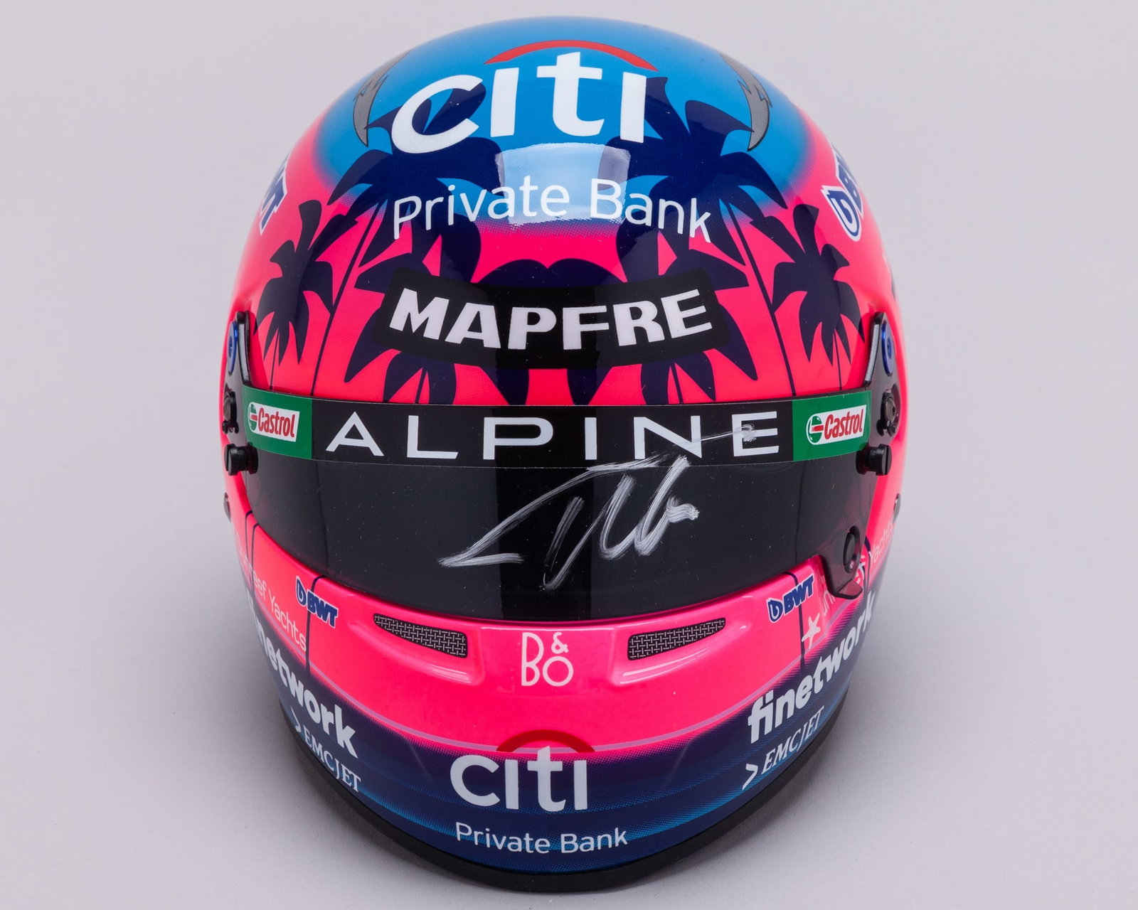 Fernando Alonso 2022 Signed Alpine 1:2 Scale Bell Helmet - Miami Grand Prix Special Design: Fernando Alonso 2022 Signed Alpine 1:2 Scale Bell Helmet - Miami Grand Prix Special Design.This Miami Grand Prix Special Design 1:2 scale Bell Helmet has been personally signed by 2-time F1 World Cham