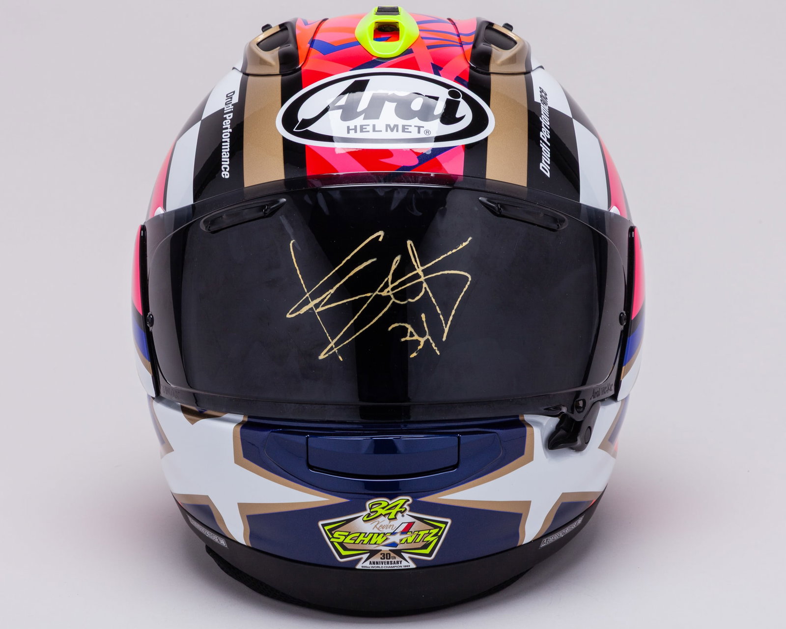 Kevin Schwantz Signed Arai RX-7V Evo Full Size Replica Helmet - 30th Anniversary Design: Kevin Schwantz Signed Arai RX-7V Evo Full Size Replica Helmet - 30th Anniversary Design.Hand signed on the visor in gold.
