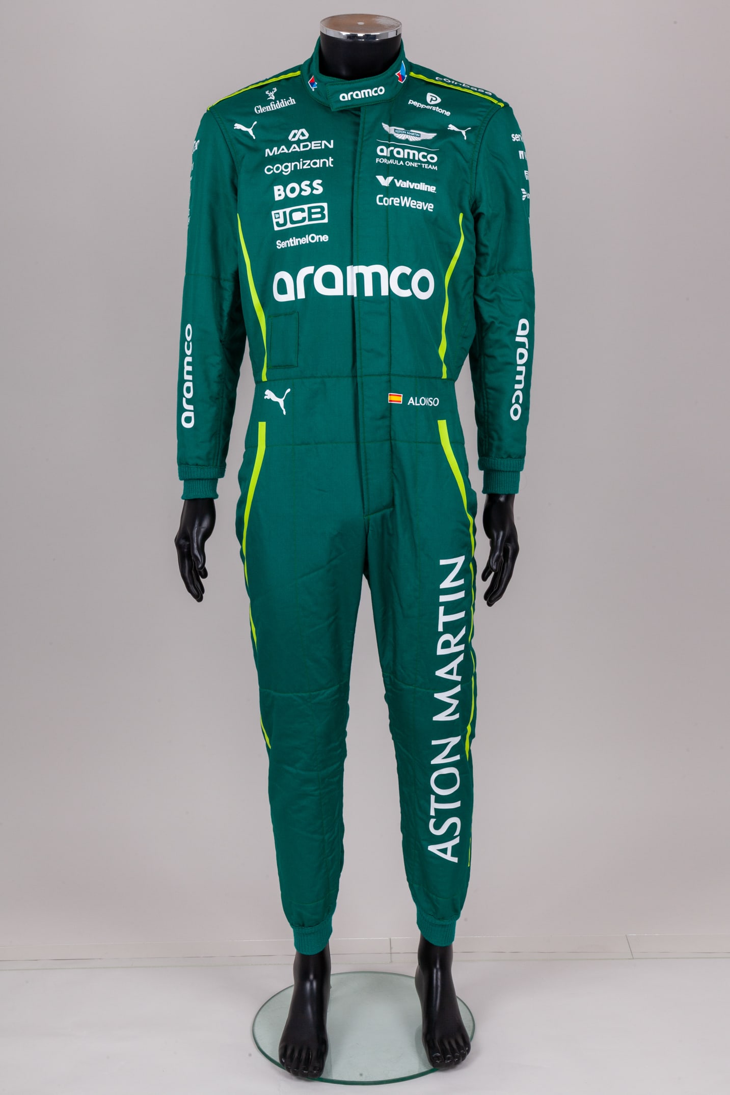 Fernando Alonso 2025 Aston Martin Aramco F1 Team Used Race Suit: Fernando Alonso 2025 Aston Martin Aramco F1 Team Used Race Suit.This is an authentic 2025 Aston Martin Aramco F1 Team race suit worn by 2-time World Champion, Fernando Alonso.The FIA hologram on the s
