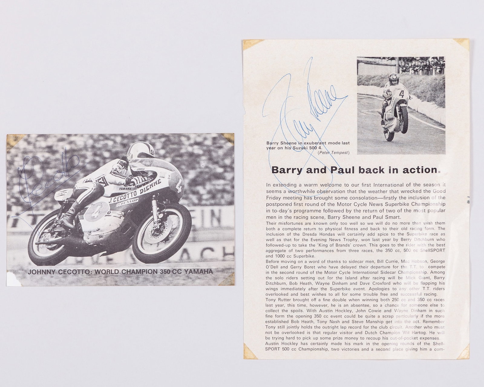 Barry Sheene Signed Letter and Johnny Cecotto Signed Card: Barry Sheene Signed Letter and Johnny Cecotto Signed Card.This is a hand signed letter from Barry Sheene?and a hand signed card from Johnny Cecotto. Signatures are clear and well-presented from two le