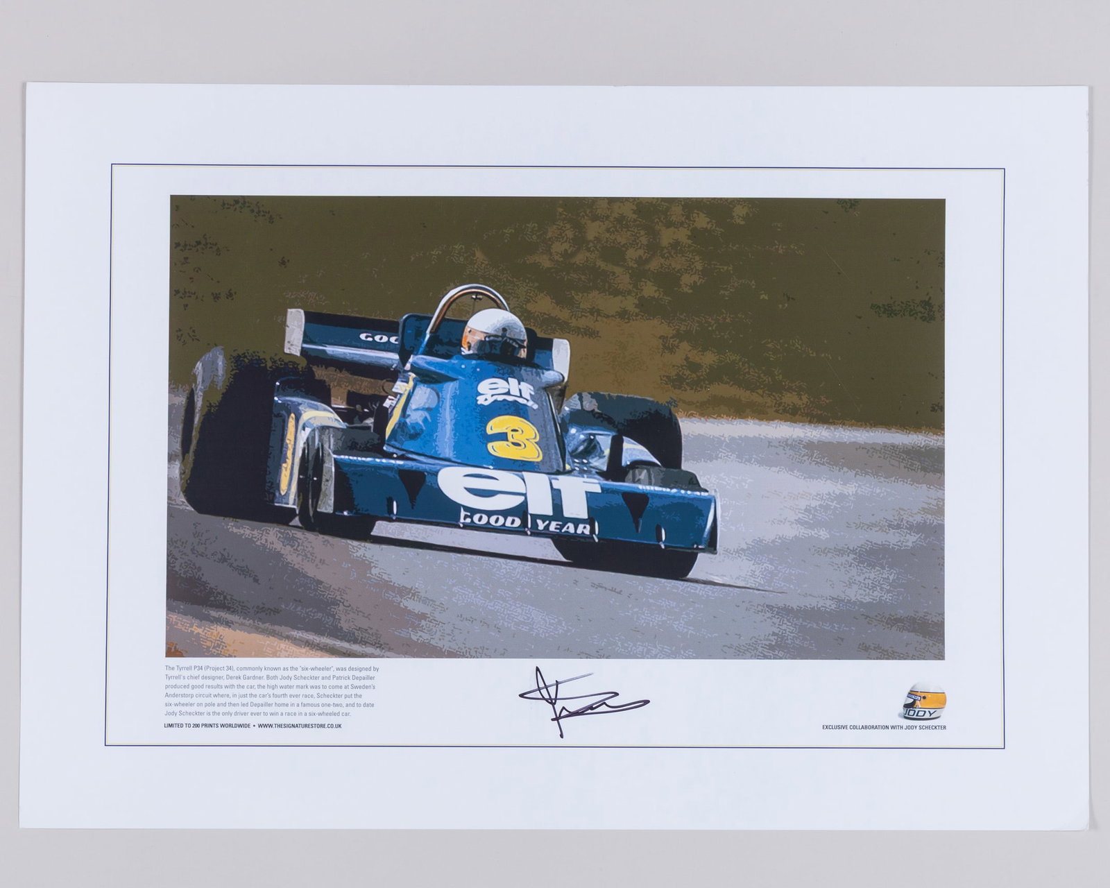 Jody Scheckter Signed Tyrrell P34 Limited Edition Print: Jody Scheckter Signed Tyrrell P34 Limited Edition Print.This print is limited to 200 editions worldwide, and is personally signed by the 1979 F1 World Champion.The print measures 60cm length x 42cm wi