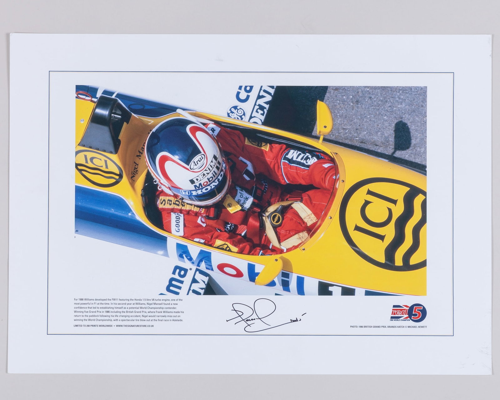 Nigel Mansell Signed 1986 British Grand Prix Limited Edition Print: Nigel Mansell Signed 1986 British Grand Prix Limited Edition Print.This print is limited to 200 editions worldwide, and is personally signed by the 1992 F1 World Champion.The print measures 60cm lengt