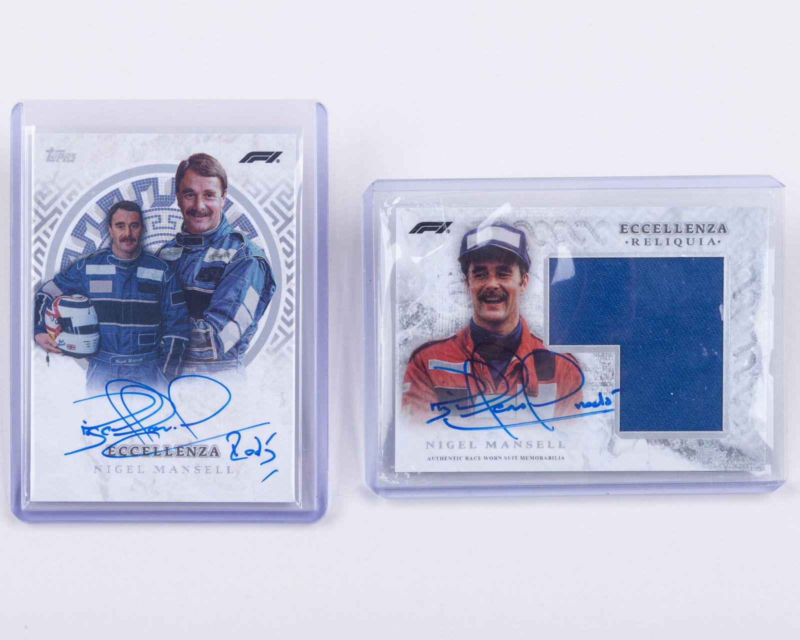 2 x Nigel Mansell Signed 2024 Topps F1 Eccellenza?Cards: 2 x Nigel Mansell Signed 2024 Topps F1 Eccellenza?Cards.These sought-after premium cards have been hand-signed by Mansell, one of the sport's most iconic drivers and the 1992 Formula One World Champio