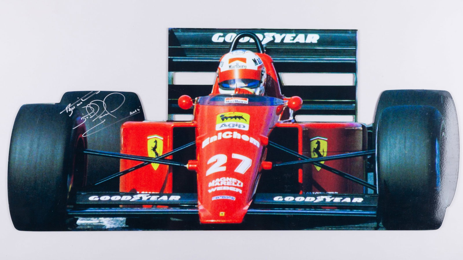 Nigel Mansell Signed Ferrari Metal Sign: Nigel Mansell Signed Ferrari Metal Sign.This Ferrari metal sign is personally signed by 1992 Formula One World Champion Nigel Mansell, celebrating his association with Scuderia Ferrari.The sign measur