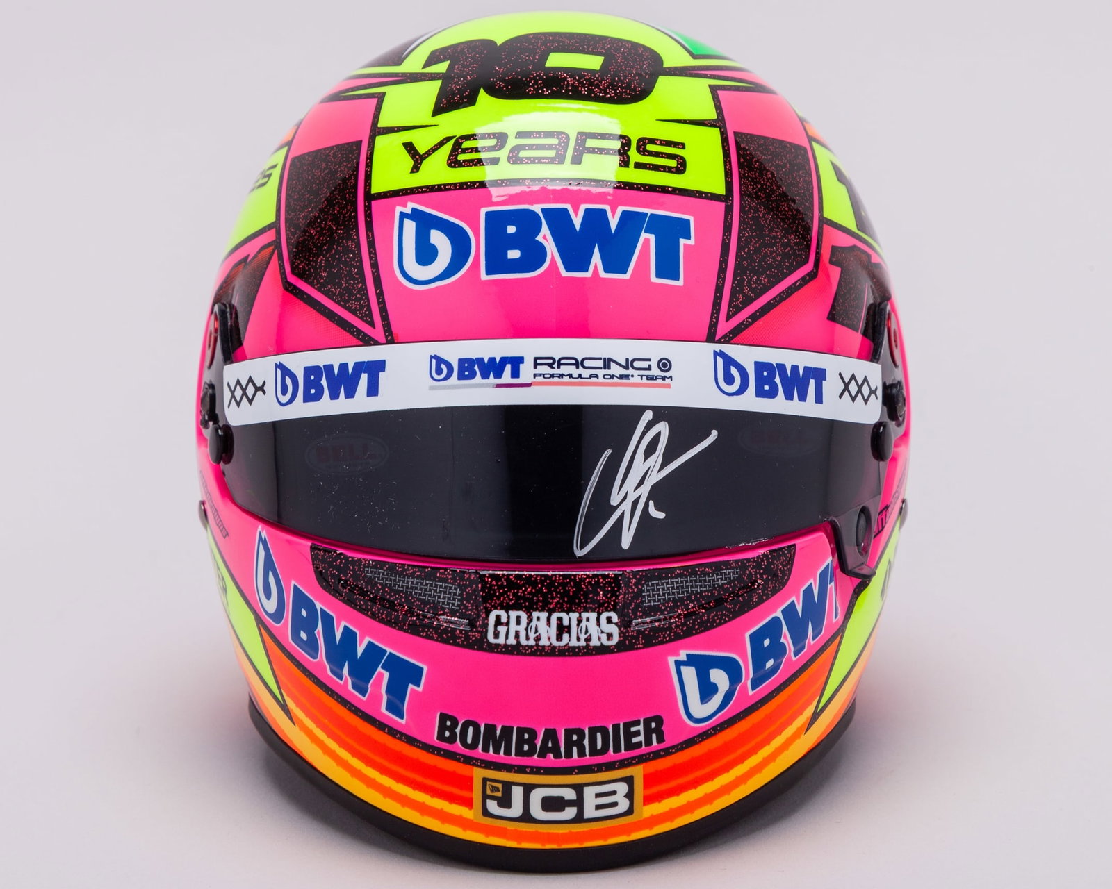 Sergio Perez 2020 Signed BWT Racing Point F1 Team Special Design 1:2 Scale Bell Helmet: Sergio Perez 2020 Signed BWT Racing Point F1 Team Special Design 1:2 Scale Bell Helmet.This 2020 BWT Racing Point F1 Team special design 1:2 scale Bell Helmet has been hand signed by Sergio Perez.Comp