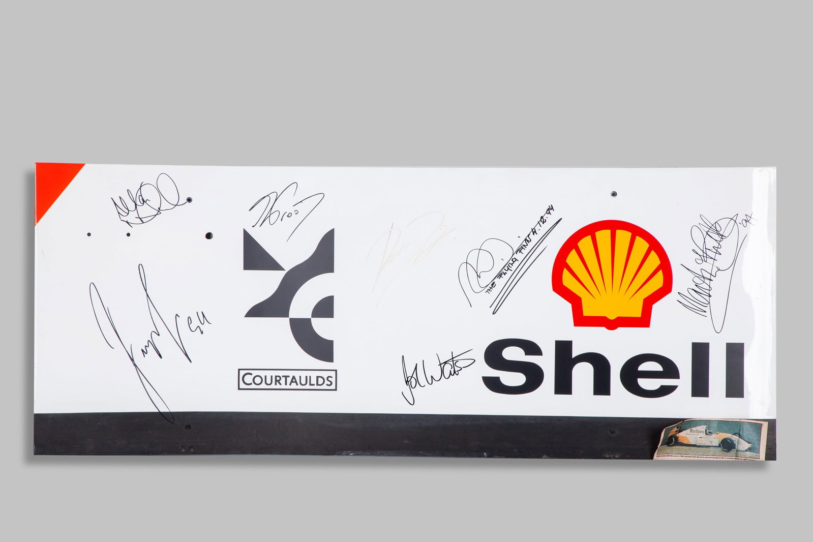 McLaren 1993 Race Used Barge Board Signed by Prost, Hakkinen, Berger, McNish, & Watson: McLaren 1993 Race Used Barge Board Signed by Prost, Hakkinen, Berger, McNish, Watson & Ron Dennis.This McLaren 1993 race used barge board is signed by Alain Prost, Mika Hakkinen, Gerhard Berger, John 