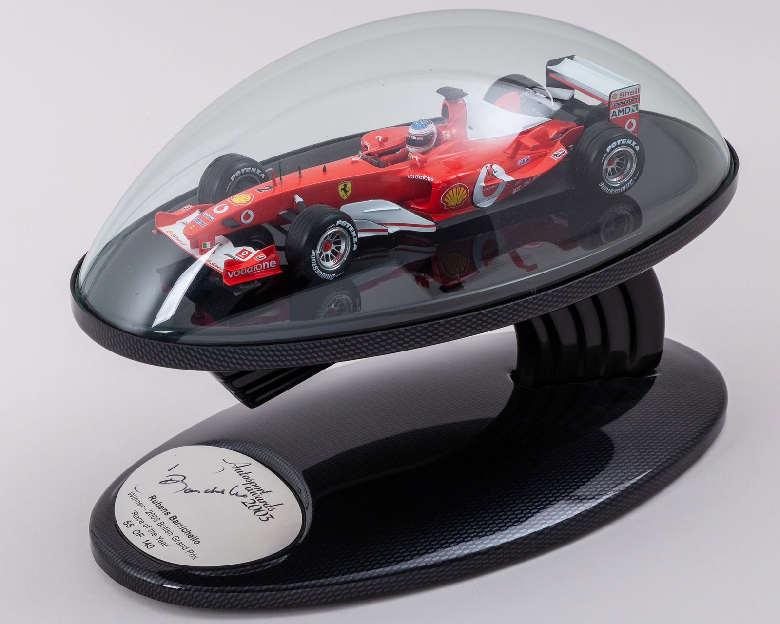 Rubens Barrichello Signed 2003 Autosport Awards Limited Edition Display: Rubens Barrichello Signed 2003 Autosport Awards Limited Edition Display.This display is limited edition number 55 of 140. Plaque inscribed Winner - 2003 British Grand Prix ?Race of the Year?.The displ
