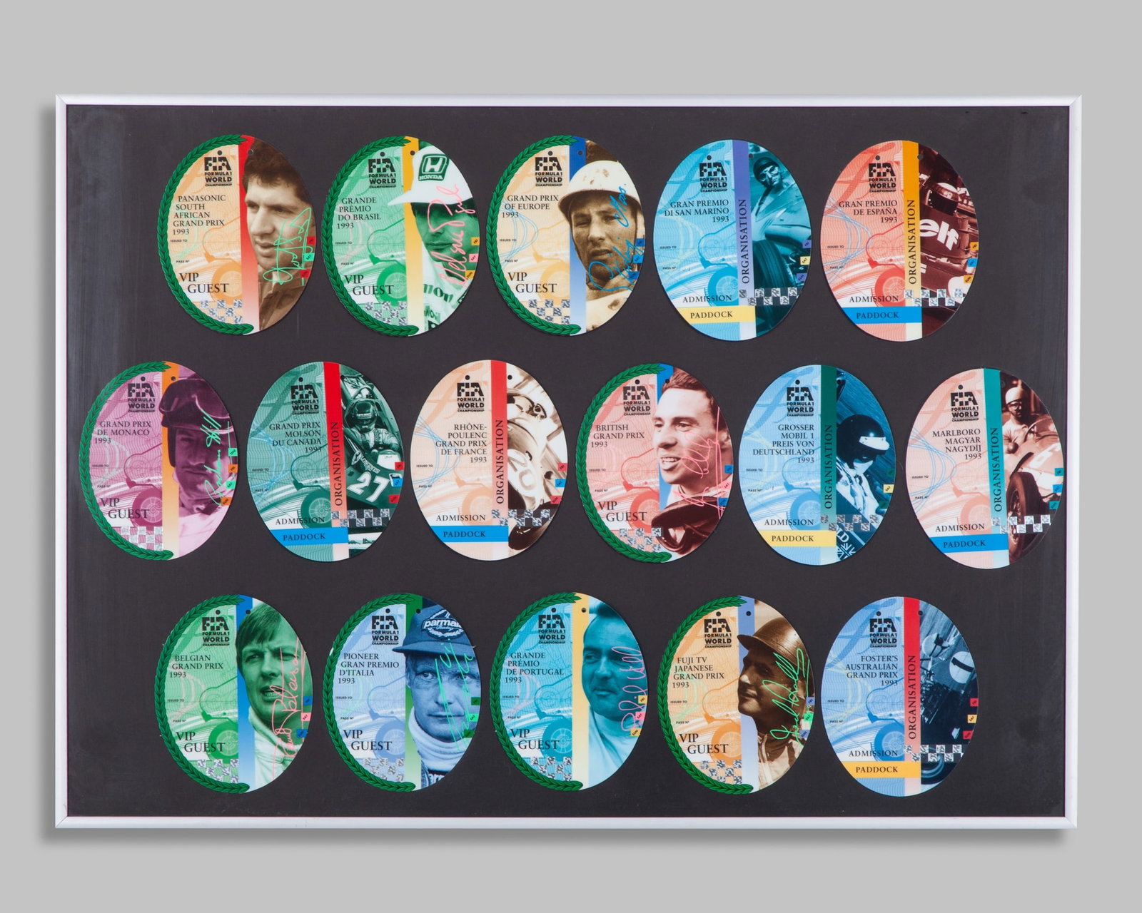 1993 Complete set of 16 FIA Formula One Race Passes: 1993 Complete set of 16 FIA Formula One Race Passes.This is a complete set of 1993 FIA Formula 1 race passes featuring legendary drivers from the last full F1 season of Ayrton Senna and Alain Prost.Th