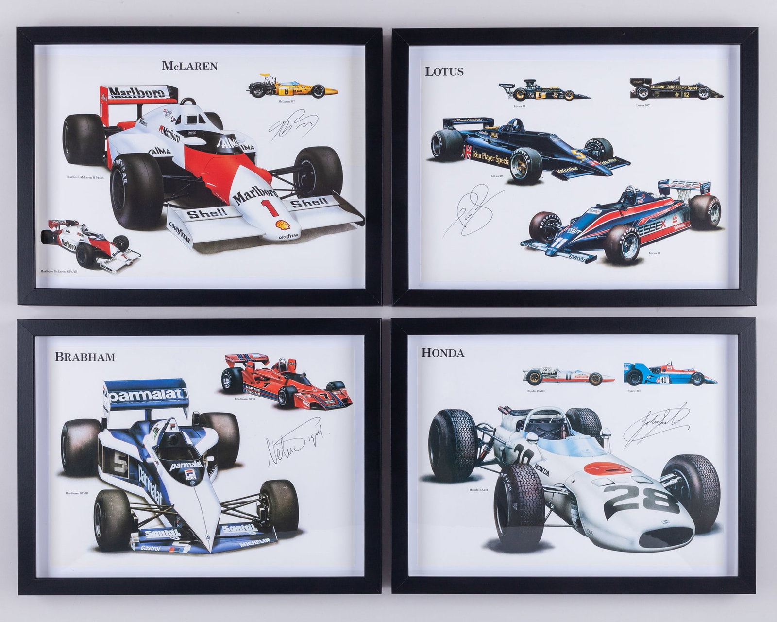 Collection of Signed Framed Formula One World Champion Prints: Collection of Signed Framed Formula One World Champion Prints.From the personal collection of Formula One World Champion John Surtees (1934-2017). These 8 individually signed framed prints depict 8 Fo