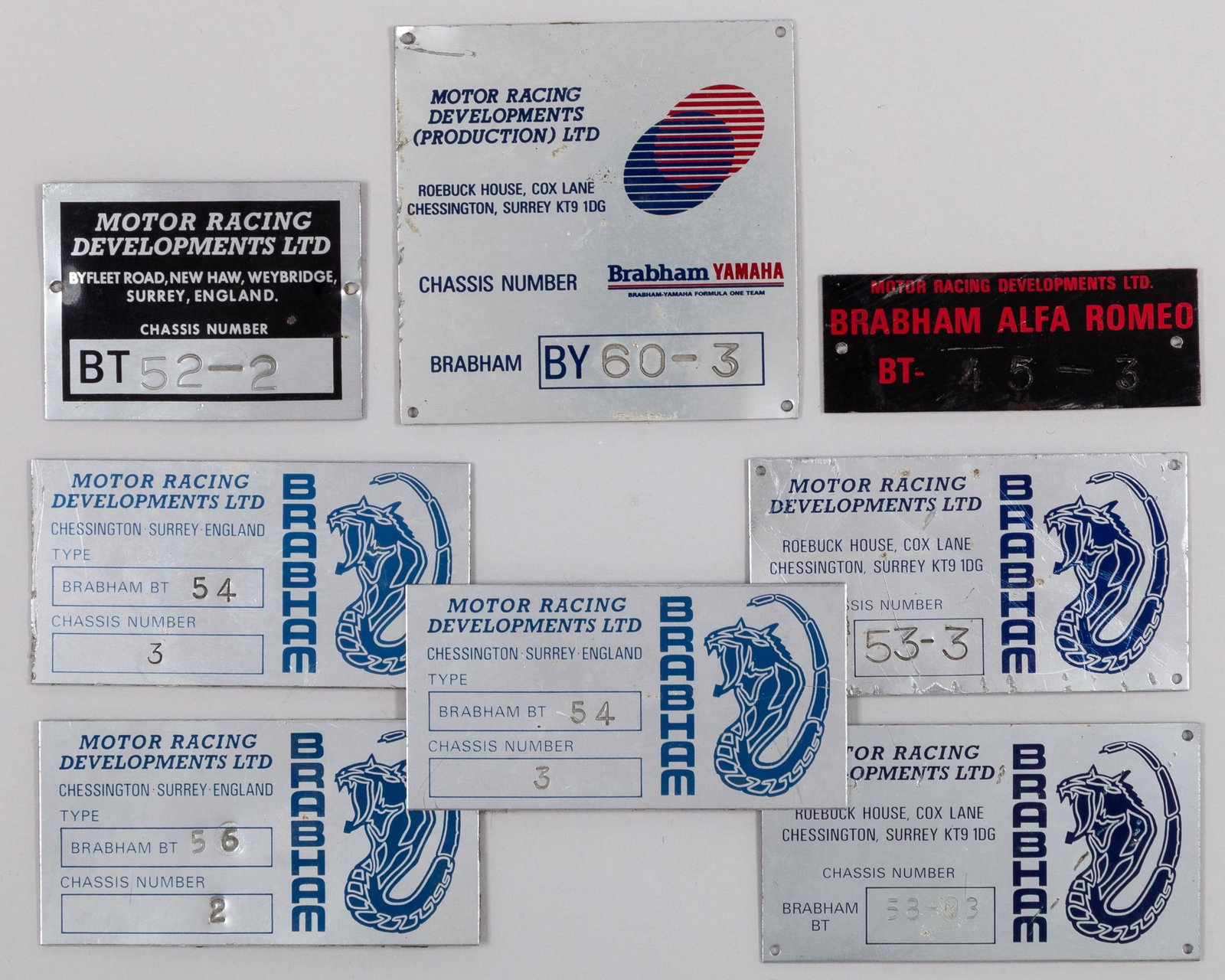 Brabham Chassis Plates: Brabham Chassis Plates.A rare and highly collectible group of original Brabham Formula One chassis plates. The collection includes various Brabham F1 chassis identification plates, originally affixed 