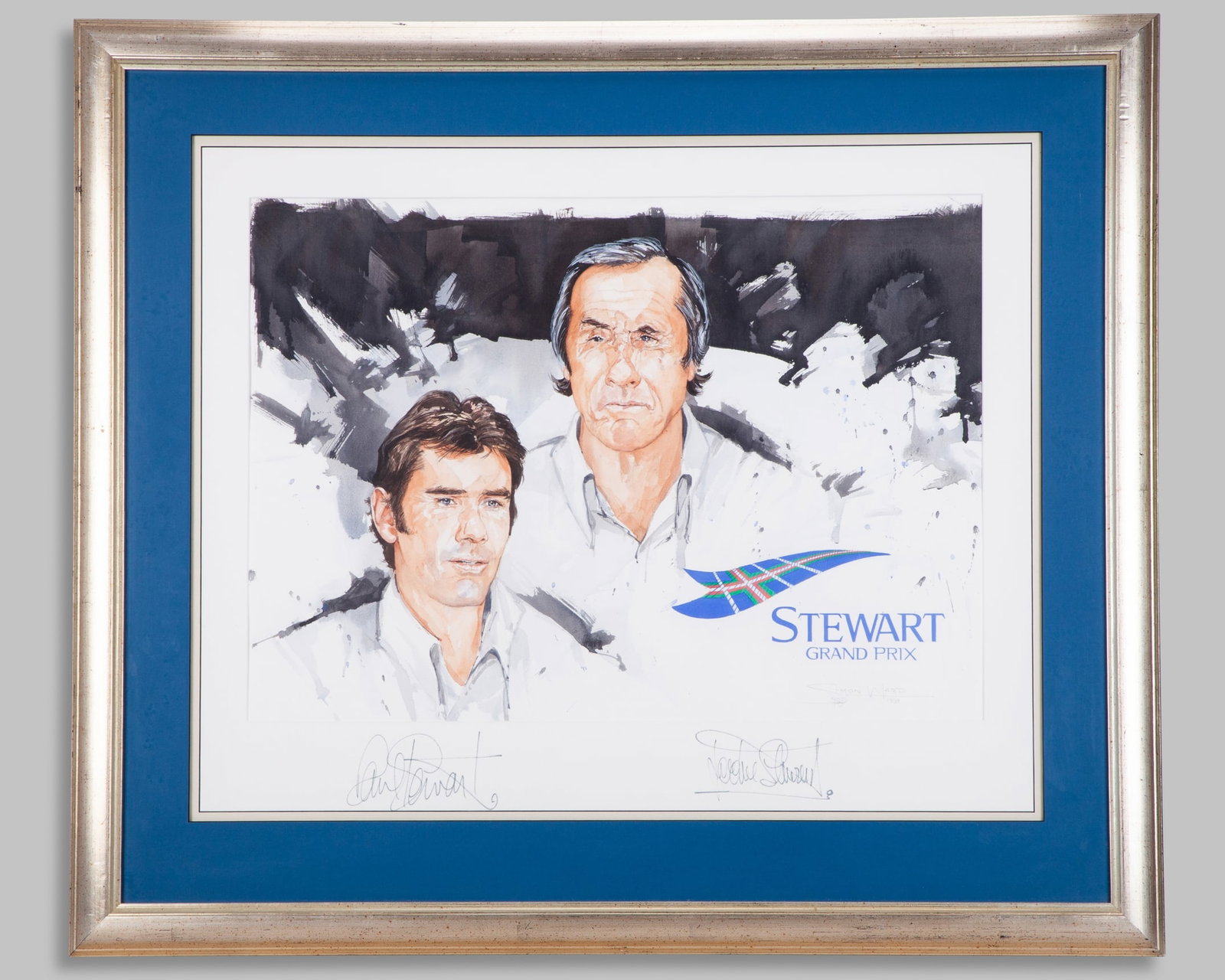 Stewart Grand Prix 1999 Original Montage Print Signed by Jackie Stewart & Paul Stewart: Stewart Grand Prix 1999 Original Montage Print on Gouache Signed by Sir Jackie Stewart & Paul Stewart - by Simon Ward.Personally signed by the 3-time F1 World Champion. This is a 1 of 1 original print