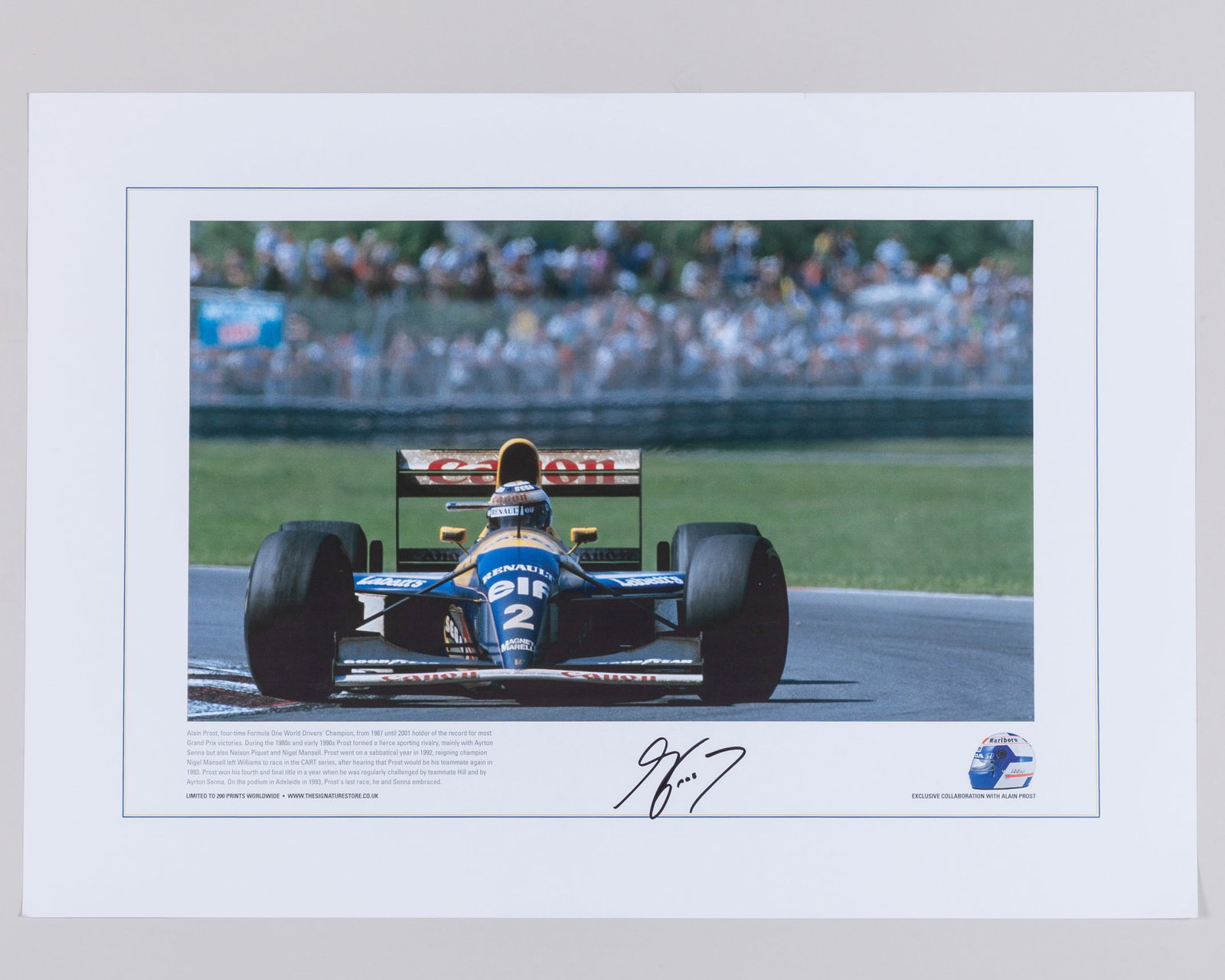 Alain Prost Signed Williams Renault Limited Edition Print: Alain Prost Signed Williams Renault Limited Edition Print. This print is limited to 200 editions worldwide, and is personally signed by the 4-time F1 World Champion. The print measures 60cm length x 4