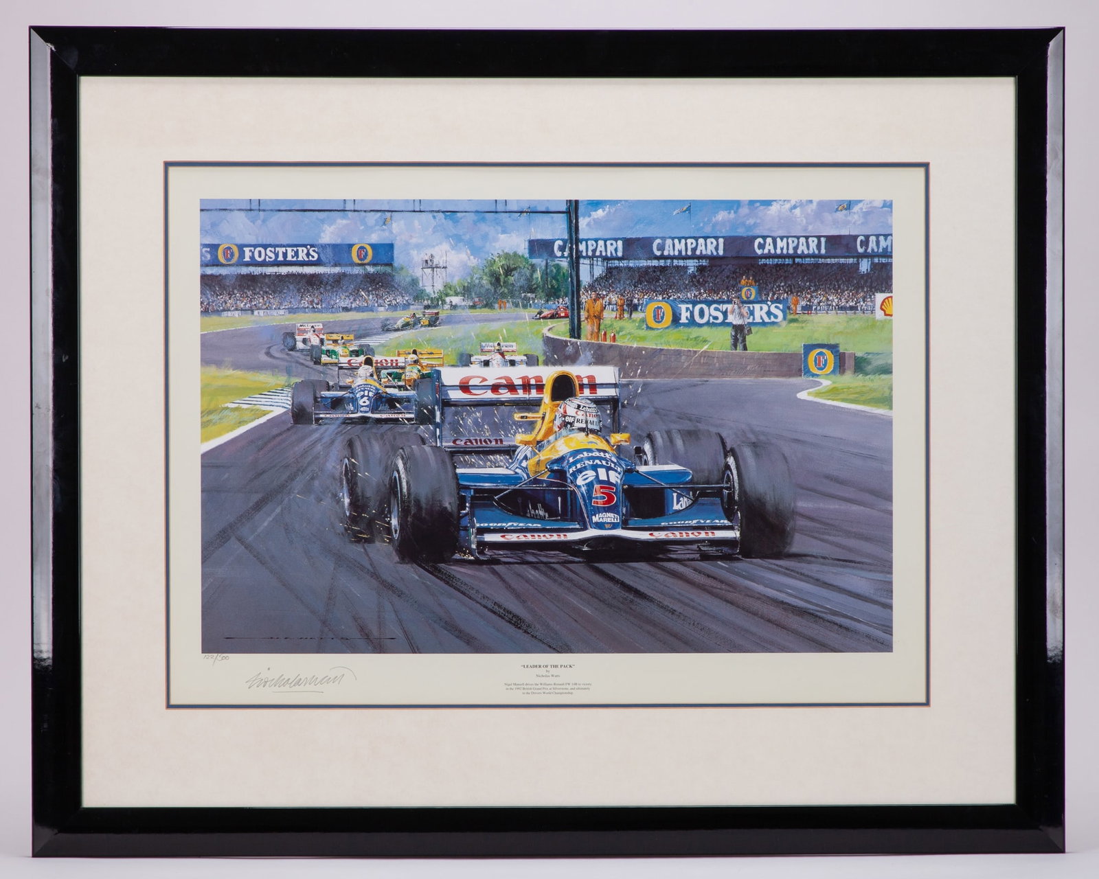 Nigel Mansell “LEADER OF THE PACK” 1992 British Grand Prix Framed Print - by Nicholas Watts: Nigel Mansell “LEADER OF THE PACK” 1992 British Grand Prix Framed Print - by Nicholas Watts. The print captures the 1992 F1 World Champion driving the Williams Renault FW14B at the 1992 Britis