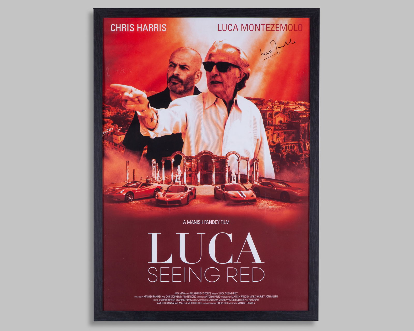 Luca di Montezemolo Signed “Luca - Seeing Red” Full Size Framed Movie Poster: Luca di Montezemolo Signed “Luca - Seeing Red” Full Size Framed Movie Poster. This full size movie poster has been hand signed by Luca di Montezemolo. The frame measures 64cm length x 89cm hei