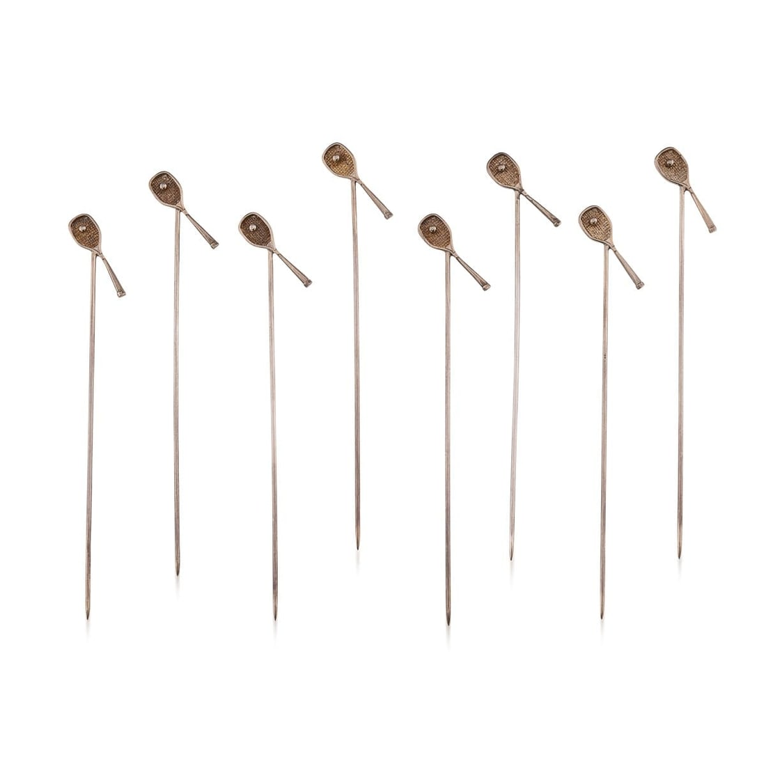 MODERN SOLID SILVER SET OF 8 TENNIS THEMED COCKTAIL PICKS, LONDON c.2003 (1 of 8)