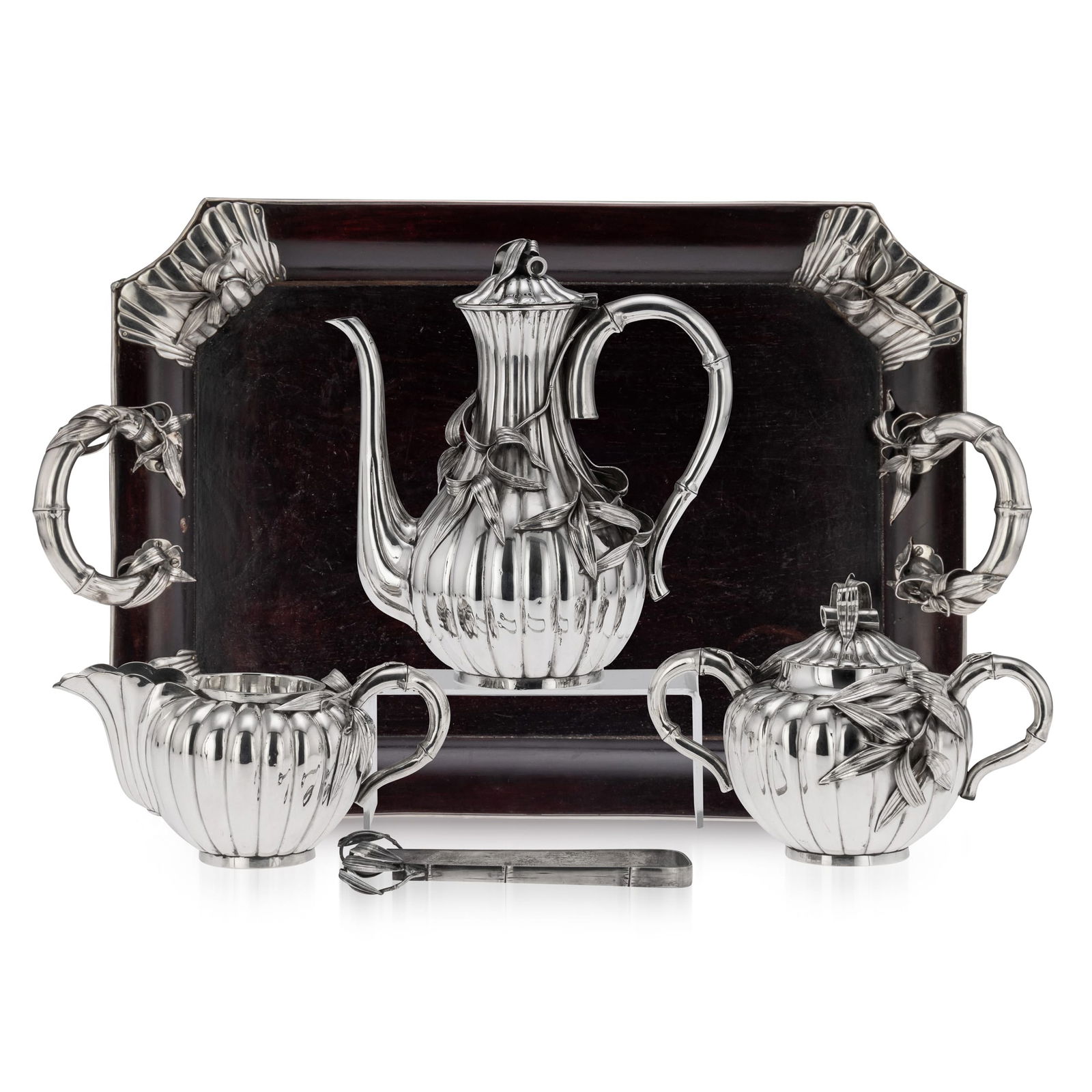 ANTIQUE 20thC JAPANESE SOLID SILVER COFFEE SET ON TRAY, ARTHUR & BOND c.1900 (1 of 20)