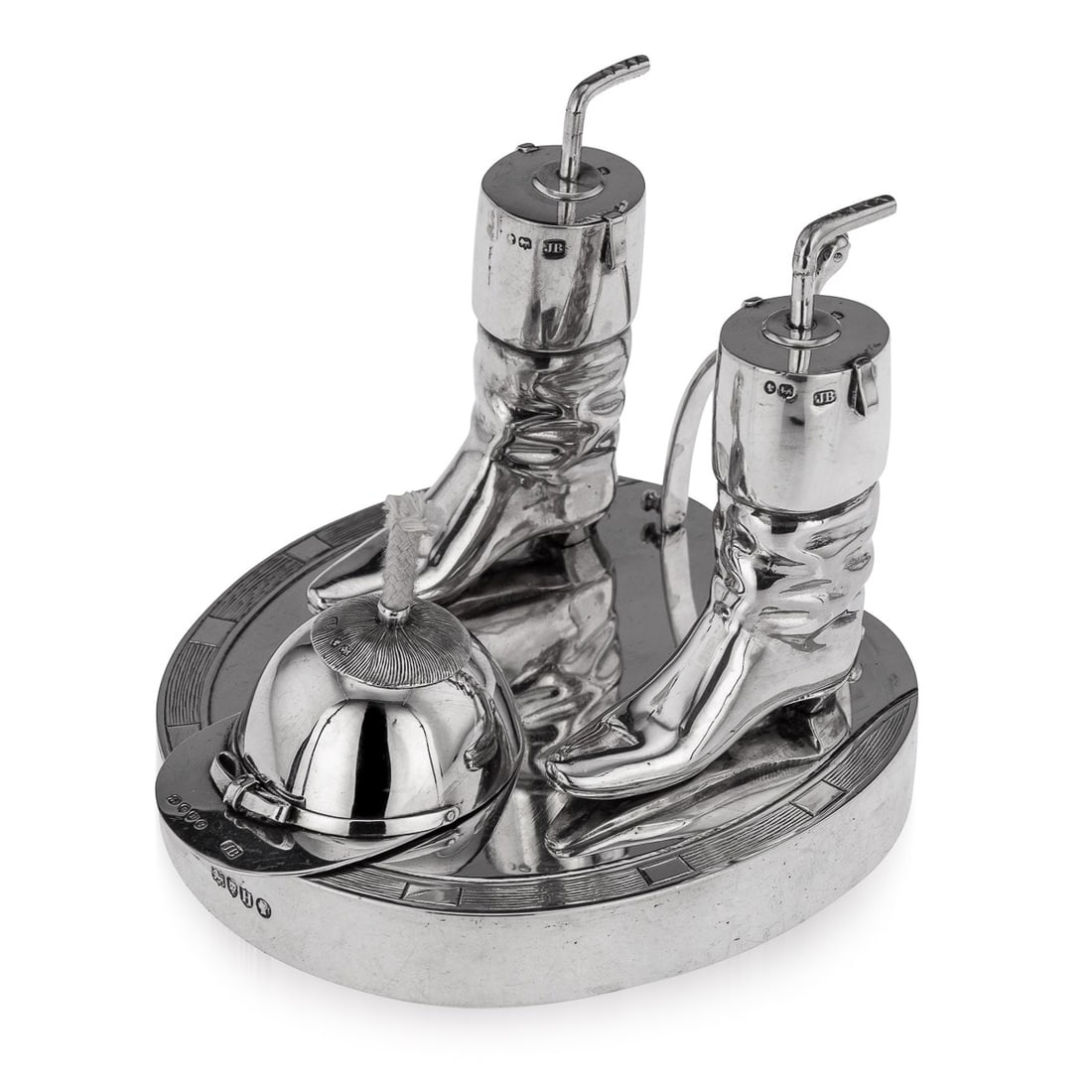 ANTIQUE 19thC VICTORIAN SOLID SILVER HORSE RACING TABLE LIGHTER, LONDON c.1883: Antique 19th Century Victorian solid silver table lighter, on a hoof stepped base, mounted with two jockey boots with a whip shaped lighter inserts, the jockey cap mounted with a wick and spur shaped