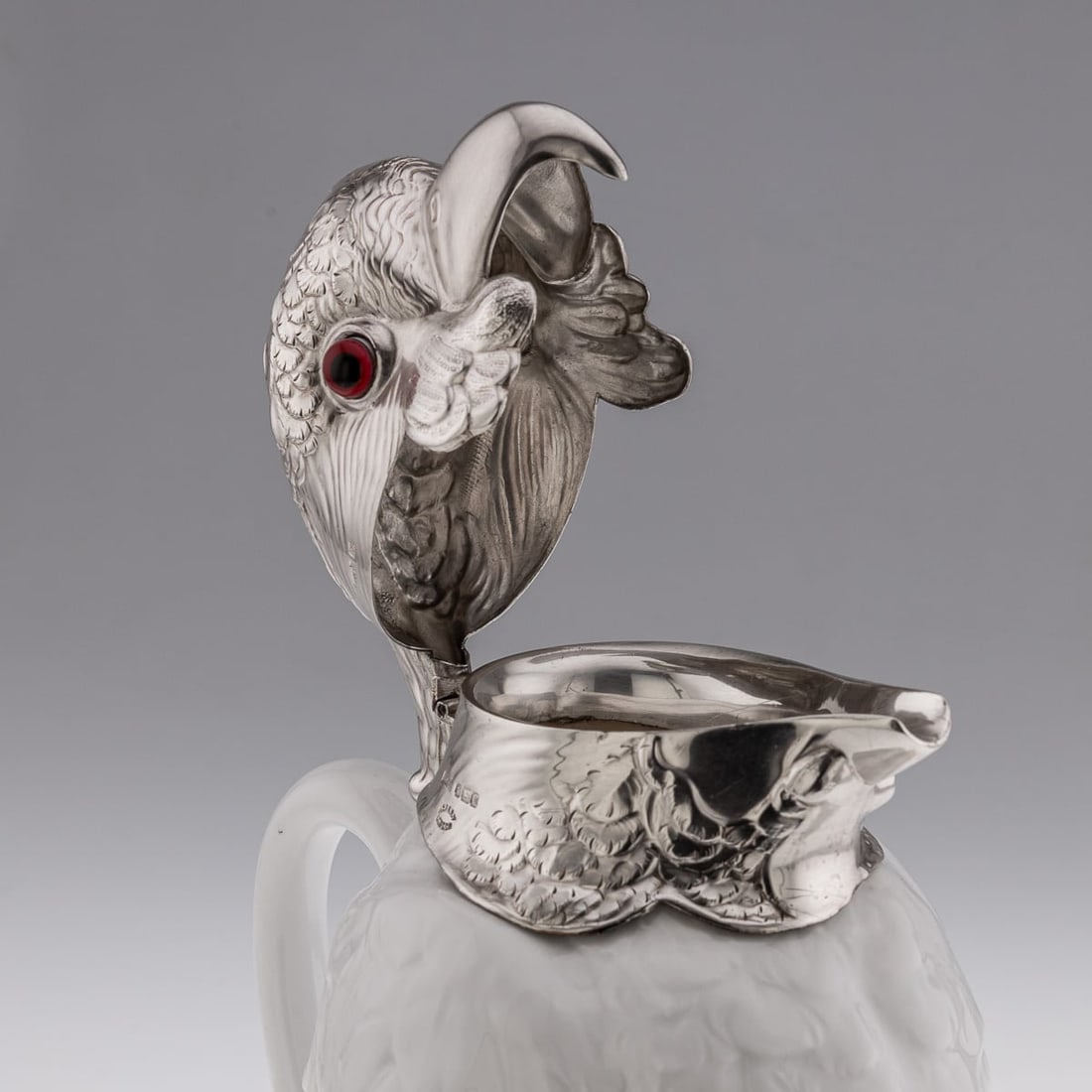 ANTIQUE 20thC COCKATOO SOLID SILVER & PORCELAIN CLARET JUG, ASPREY & CO c.1912 - 10