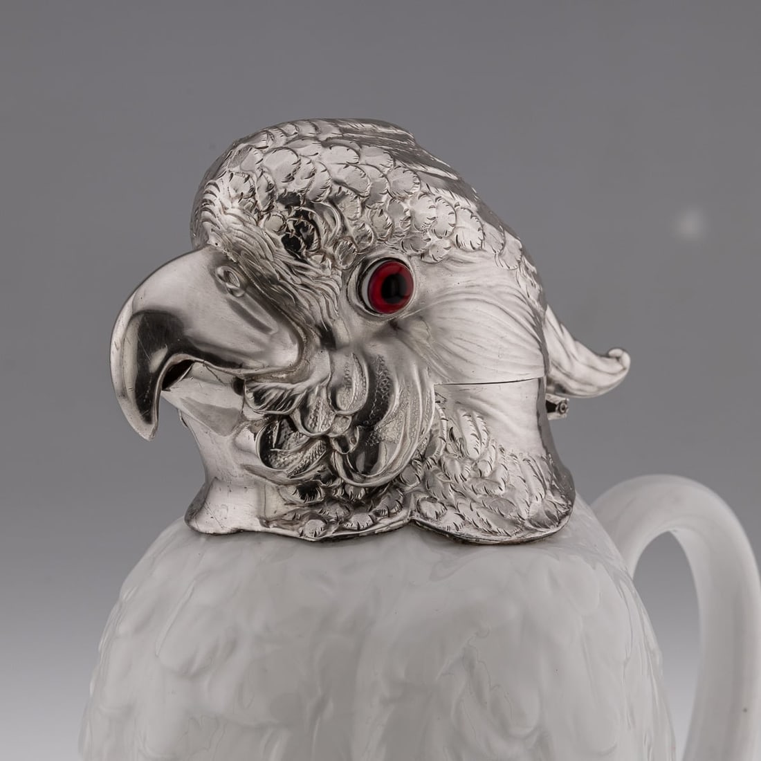 ANTIQUE 20thC COCKATOO SOLID SILVER & PORCELAIN CLARET JUG, ASPREY & CO c.1912 - 11