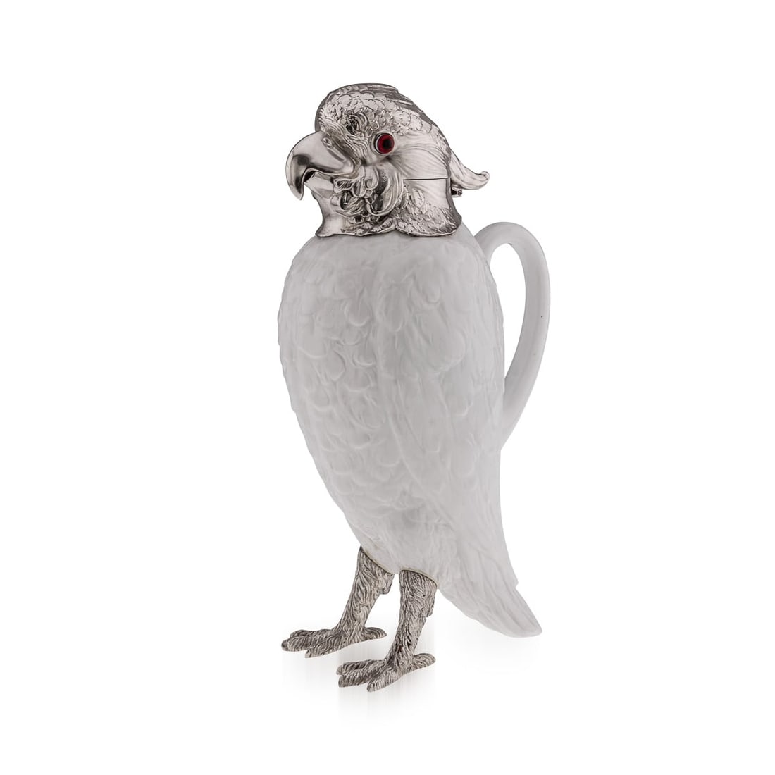 ANTIQUE 20thC COCKATOO SOLID SILVER & PORCELAIN CLARET JUG, ASPREY & CO c.1912: Antique early-20th Century English solid silver and mounted on Spode Copeland's China novelty wine jug, in the form of a standing cockatoo, set with coloured glass eyes and white porcelain body