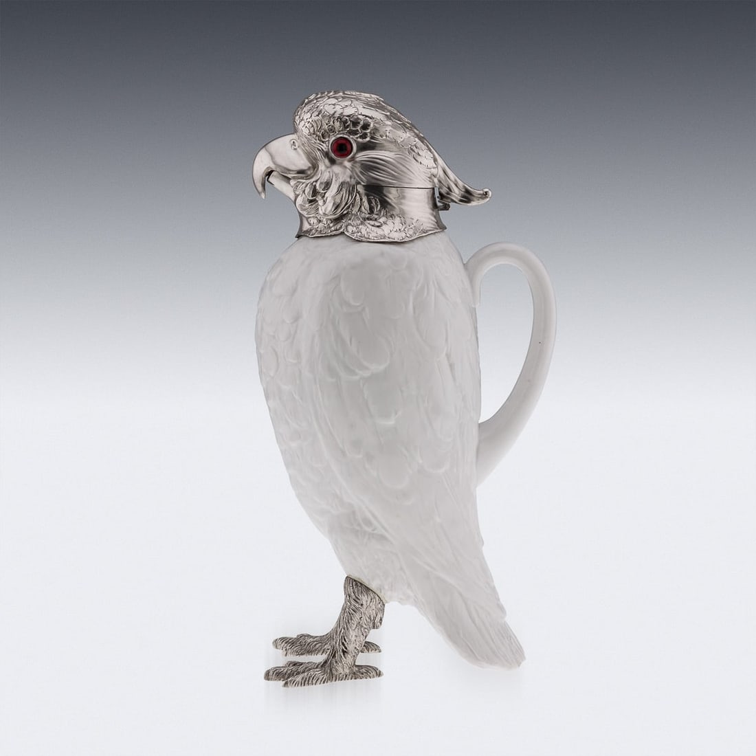 ANTIQUE 20thC COCKATOO SOLID SILVER & PORCELAIN CLARET JUG, ASPREY & CO c.1912 - 3