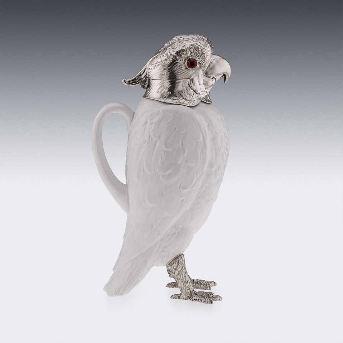 ANTIQUE 20thC COCKATOO SOLID SILVER & PORCELAIN CLARET JUG, ASPREY & CO c.1912 - 5