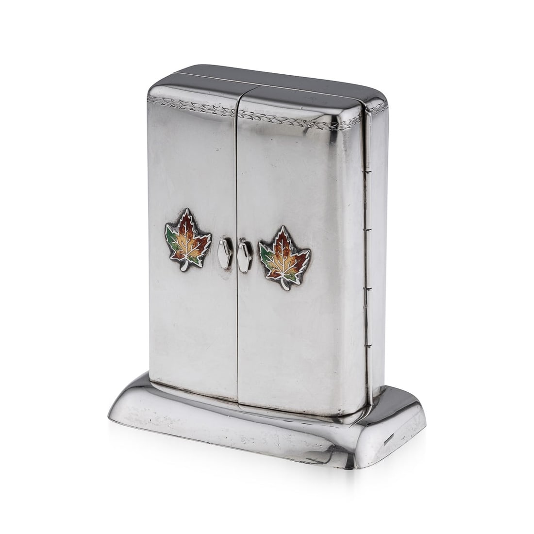 ANTIQUE 20thC CANADIAN SOLID SILVER & ENAMEL PLAYING CARDS BOX, TORONTO c.1920: Antique early-20th Century Canadian solid silver playing cards case. This box features a smooth outer case, flared base which holds a cabinet-shaped box adorned with colourful enamel maple leaves.