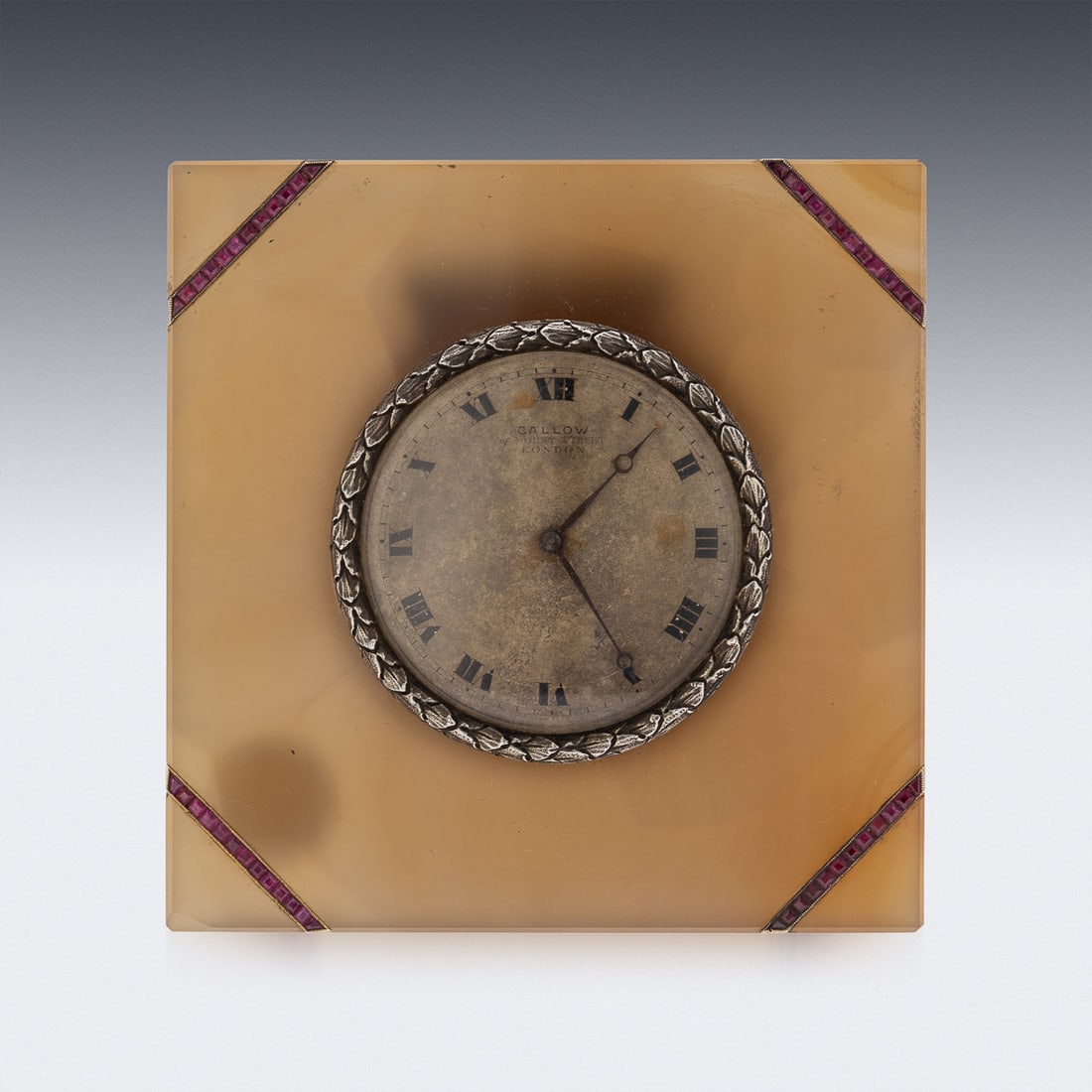 ANTIQUE 20thC SOLID SILVER & AGATE CLOCK, CALLOW OF MOUNT STREET, LONDON c.1910 - 3