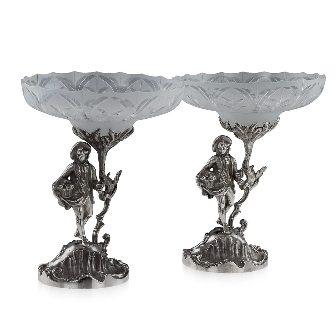 ANTIQUE 19thC VICTORIAN SOLID SILVER PAIR OF FIGURAL COMPORTS, C & G FOX c.1852: Antique 19th Century very rare pair of Victorian novelty cast solid silver & cut glass comports, formed as a pair of male gardeners dressed in 18th Century costume, standing on an elaborate rococo