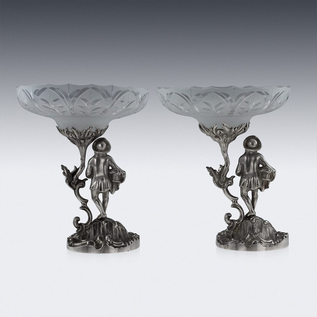 ANTIQUE 19thC VICTORIAN SOLID SILVER PAIR OF FIGURAL COMPORTS, C & G FOX c.1852 - 5