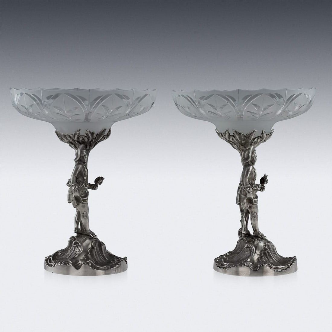 ANTIQUE 19thC VICTORIAN SOLID SILVER PAIR OF FIGURAL COMPORTS, C & G FOX c.1852 - 6